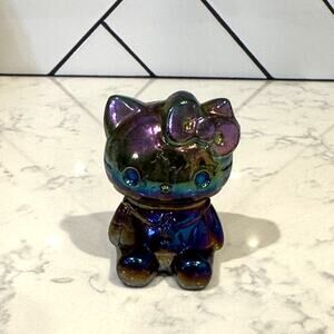 Titanium Rainbow Aura Hello Kitty carving made from natural obsidian